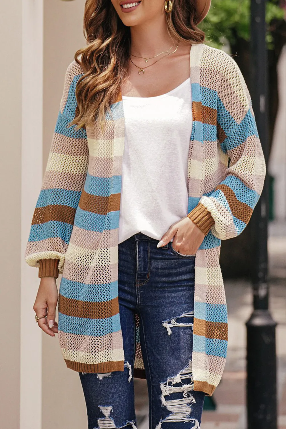 Women's Striped Color Block Hollowed Knit Cardigan