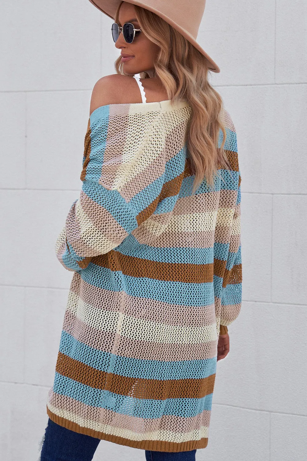 Women's Striped Color Block Hollowed Knit Cardigan