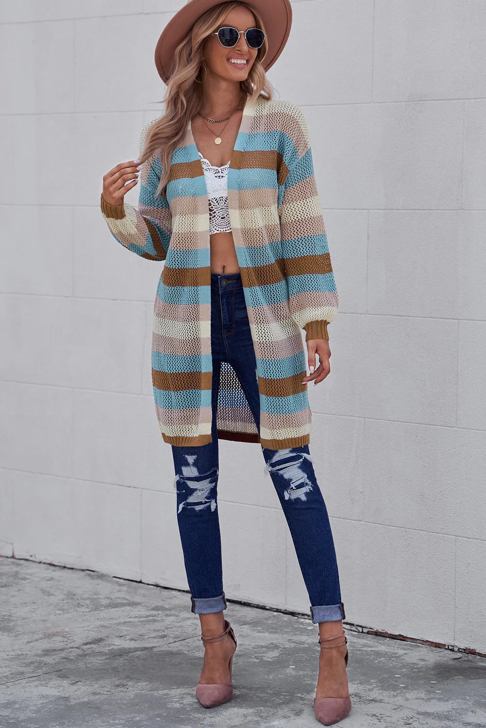 Women's Striped Color Block Hollowed Knit Cardigan