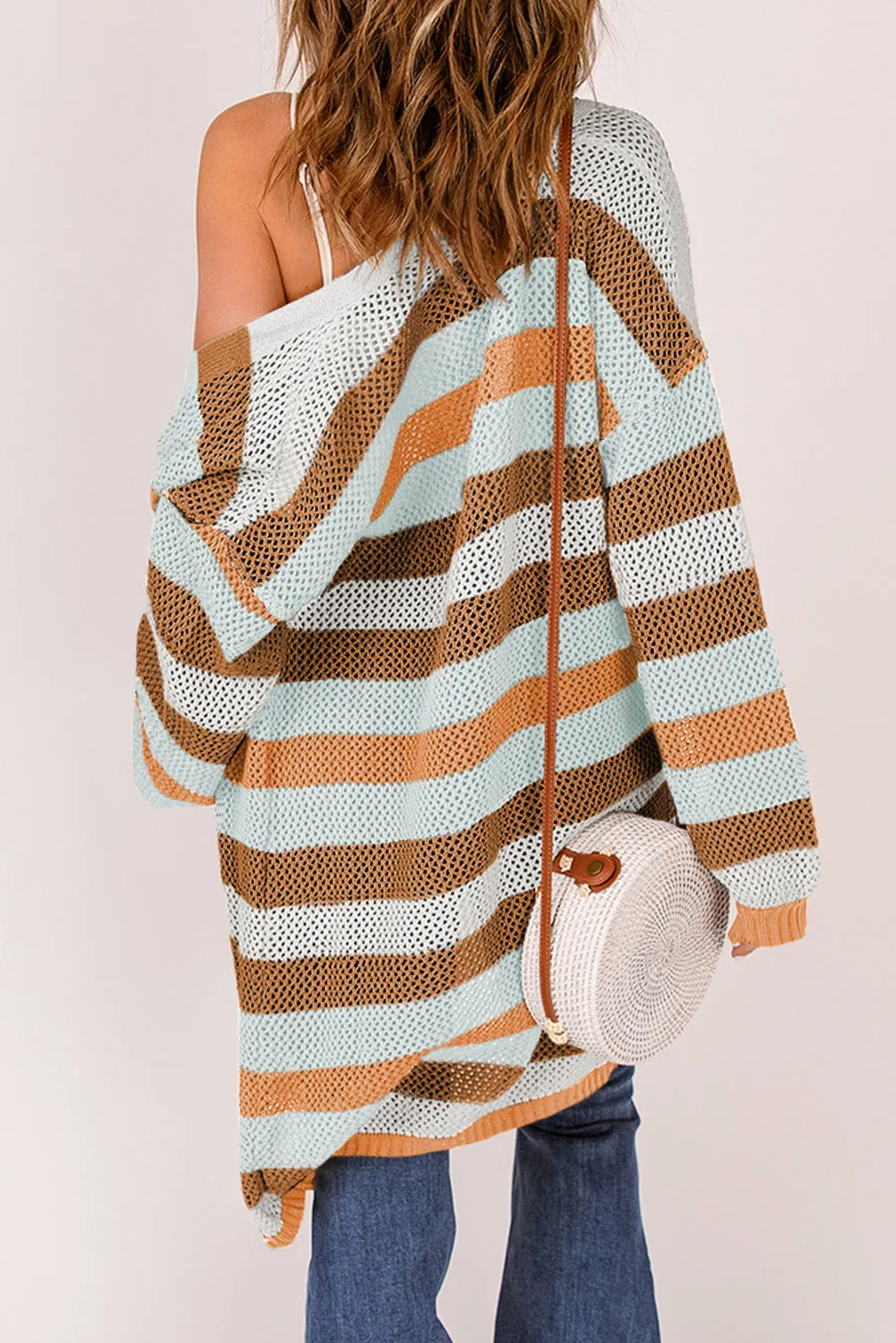 Women's Striped Color Block Hollowed Knit Cardigan