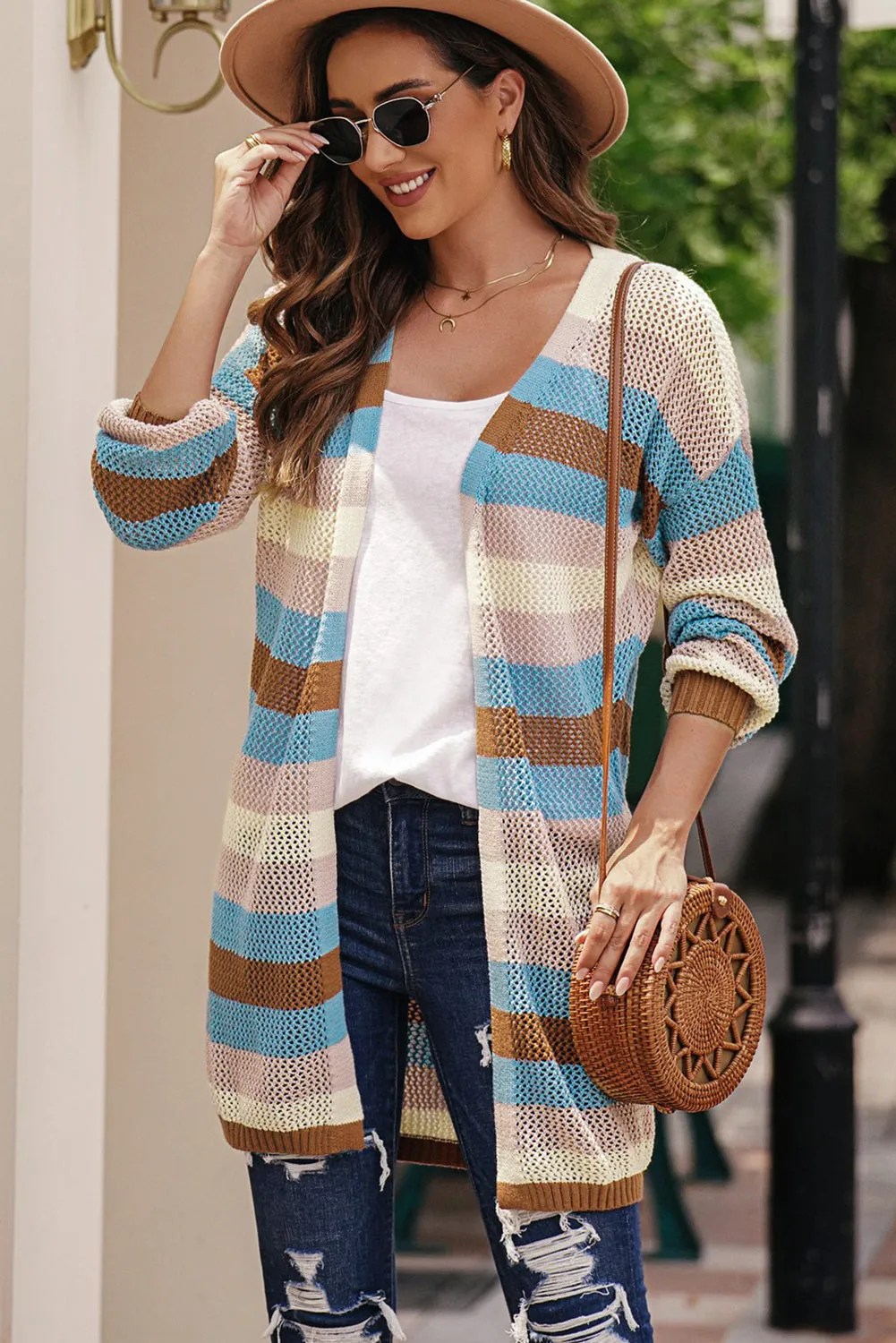 Women's Striped Color Block Hollowed Knit Cardigan