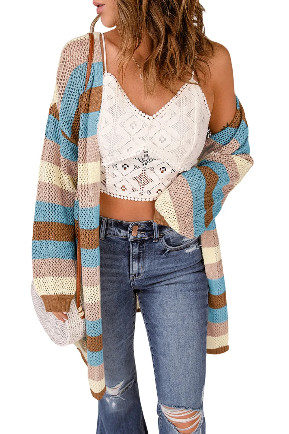 Women's Striped Color Block Hollowed Knit Cardigan