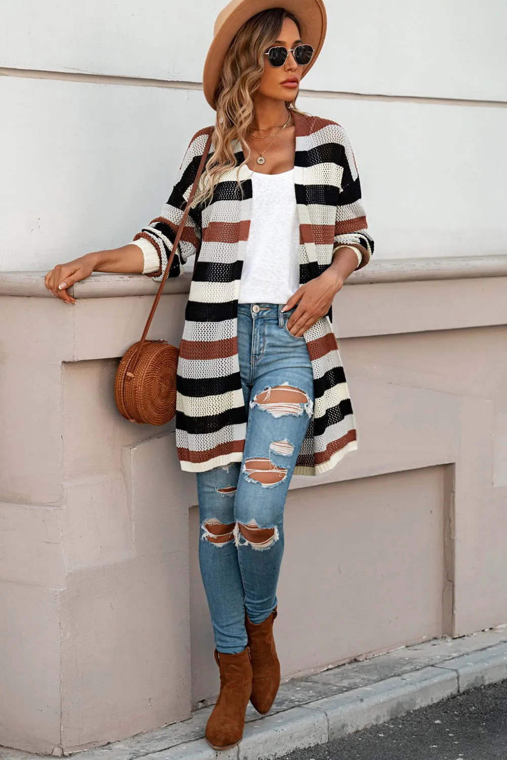 Women's Striped Color Block Hollowed Knit Cardigan