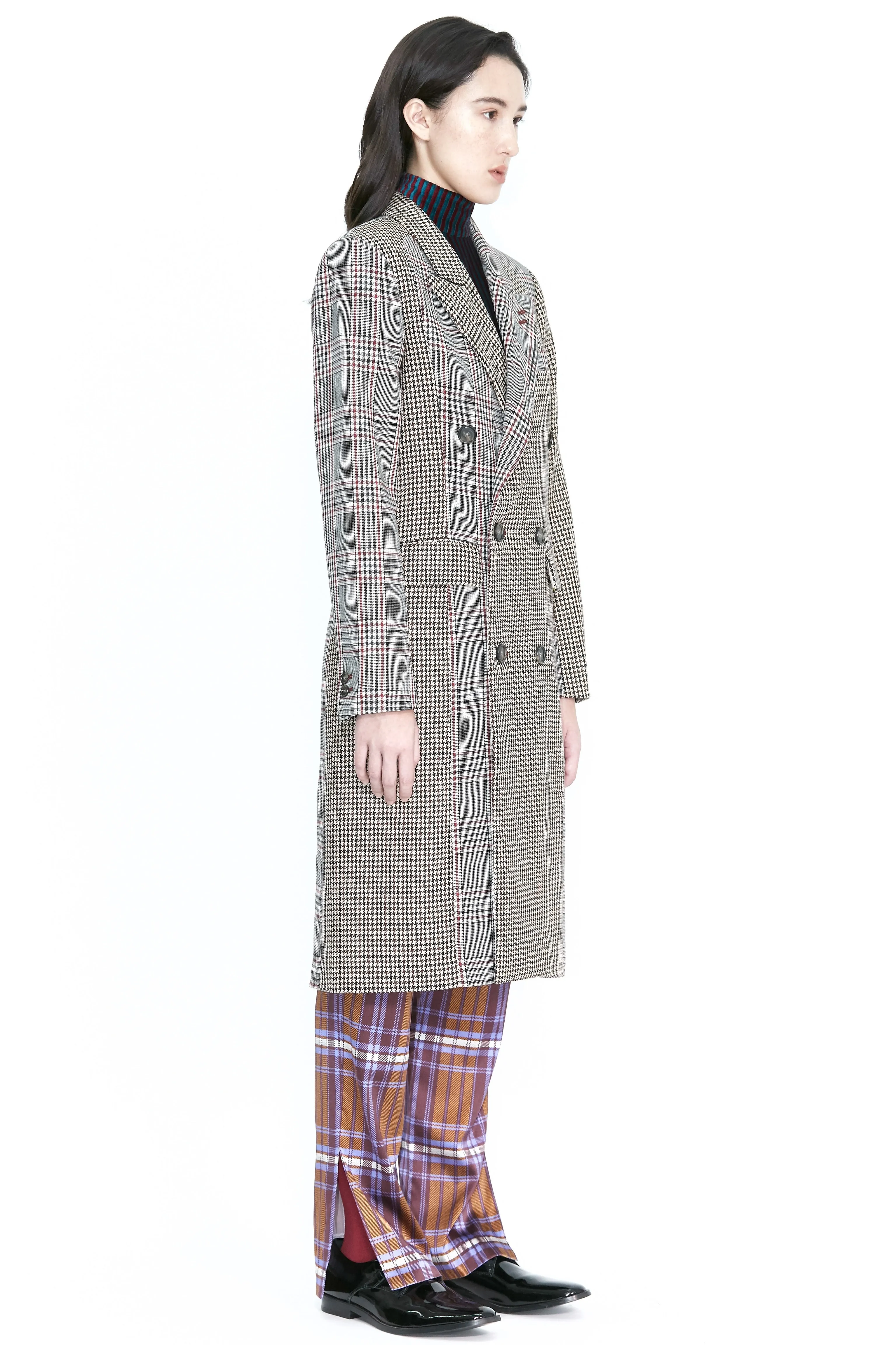 Wool Plaid Collage Double Breasted Coat