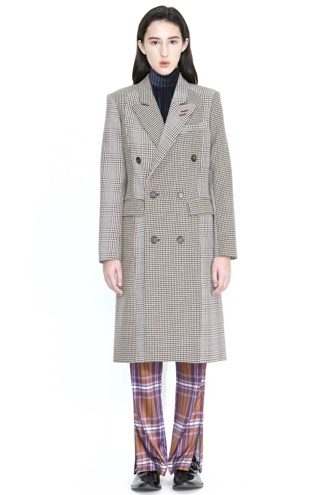 Wool Plaid Collage Double Breasted Coat