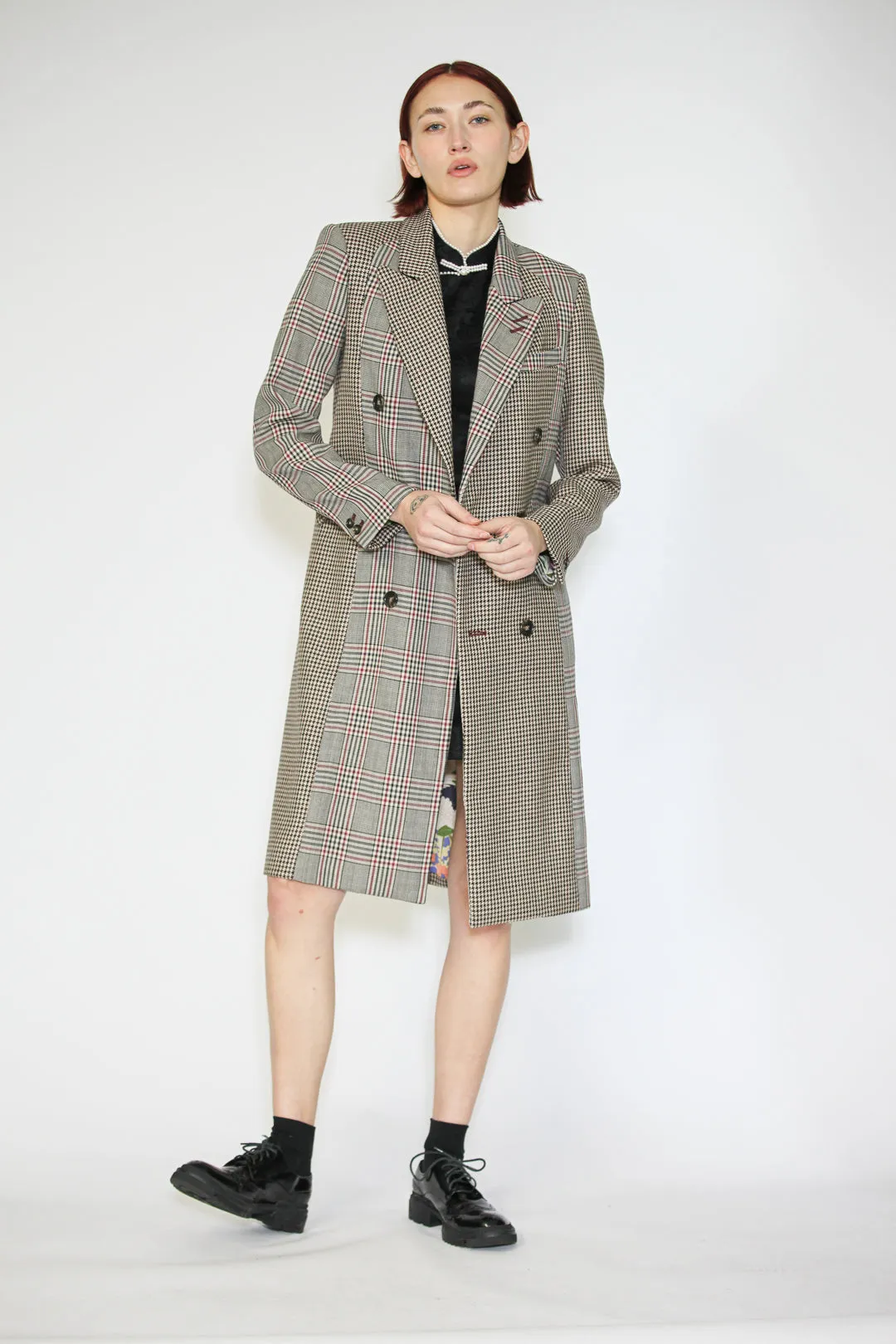 Wool Plaid Collage Double Breasted Coat